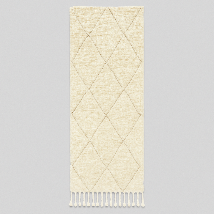 Handmade white Moroccan wool runner rug with subtle diamond Berber pattern