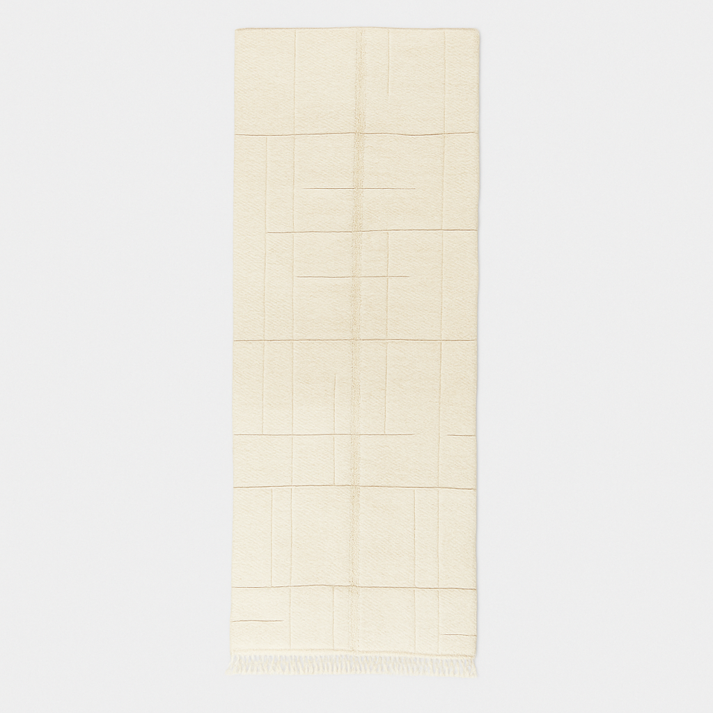 Handmade white minimalist Moroccan runner rug with subtle geometric carved design.