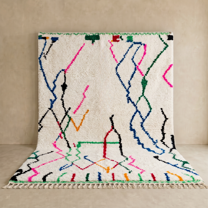 white handmade moroccan berber rug with abstract multicolor line design in wool
