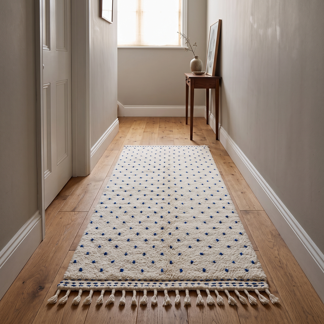 Handmade white Moroccan runner rug with small blue dotted pattern, woven from natural wool by Berber artisans.