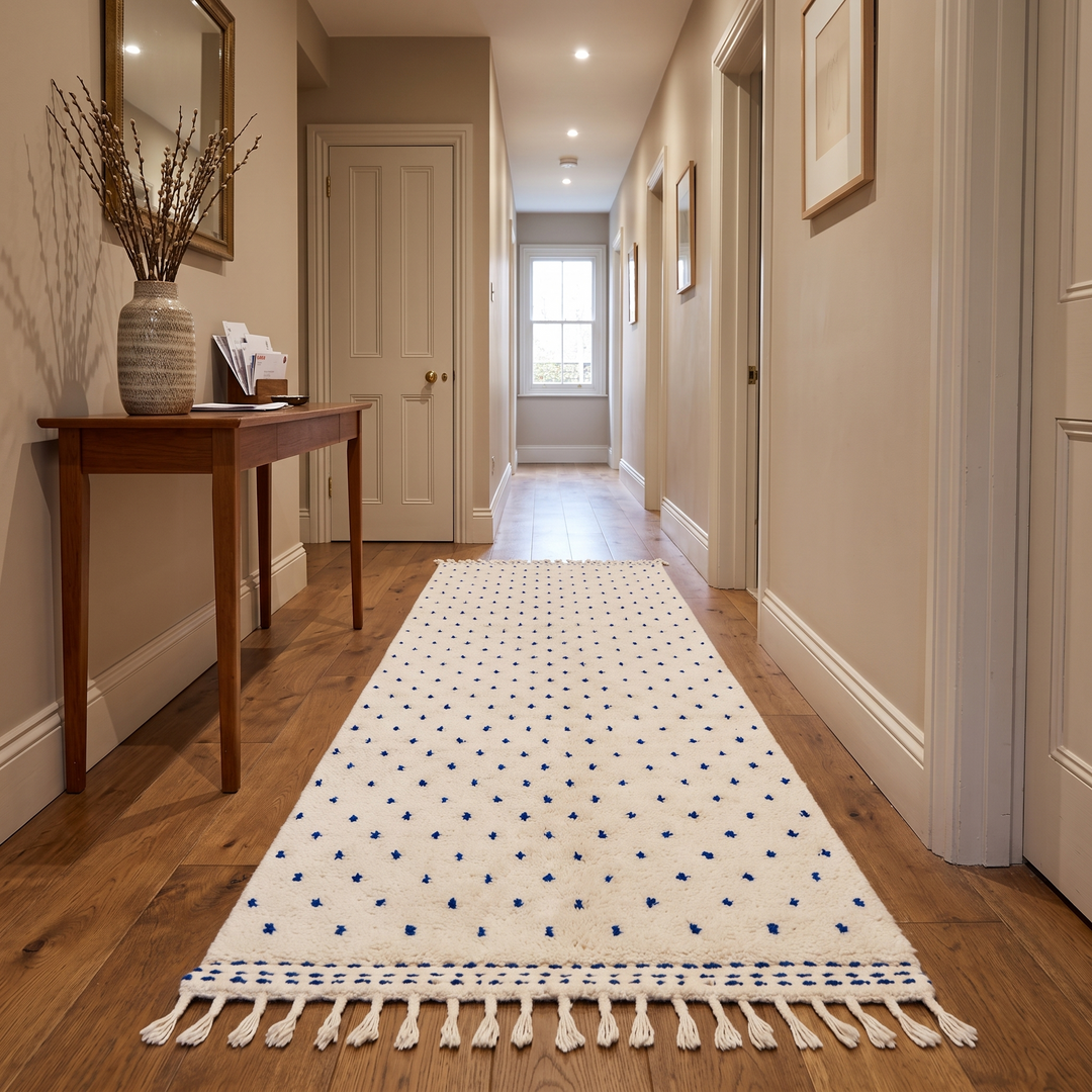 Handmade white Moroccan runner rug with small blue dotted pattern, woven from natural wool by Berber artisans.
