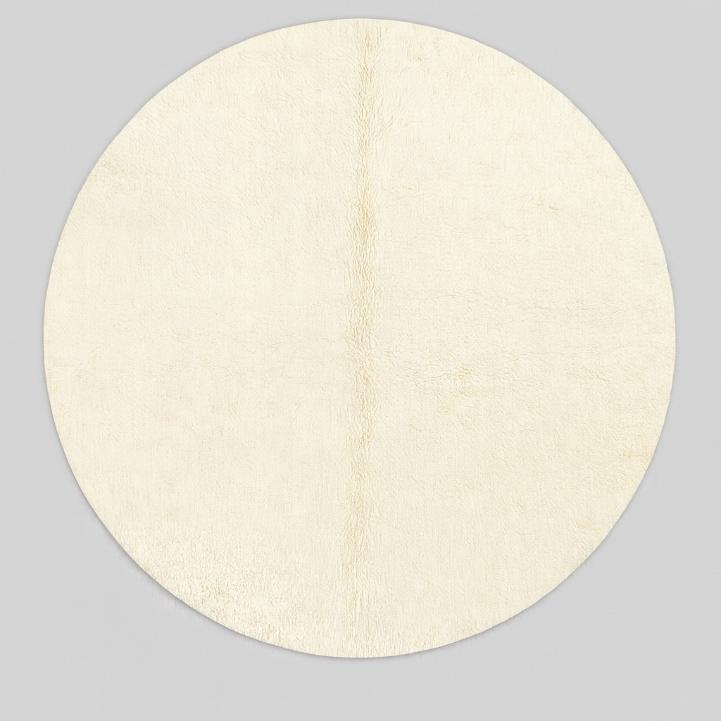 Round white Moroccan wool rug with soft plush texture and minimalist design.