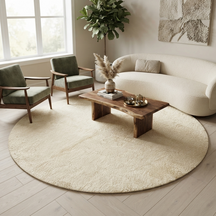 Round white Moroccan wool rug with soft plush texture and minimalist design.
