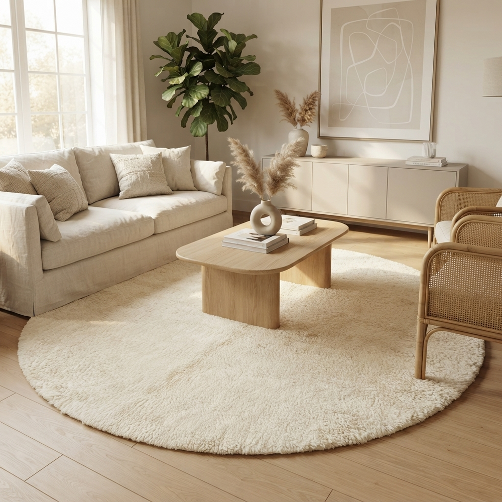 Round white Moroccan wool rug with soft plush texture and minimalist design.