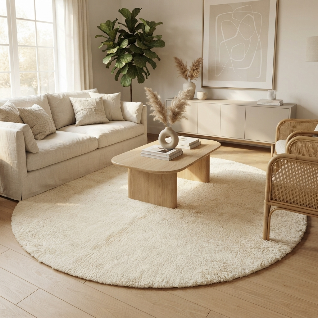 Round white Moroccan wool rug with soft plush texture and minimalist design.