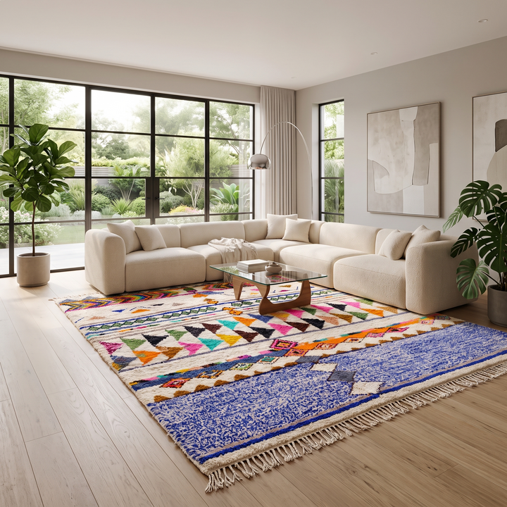 ivory and blue handmade moroccan berber rug with geometric tribal patterns in wool
