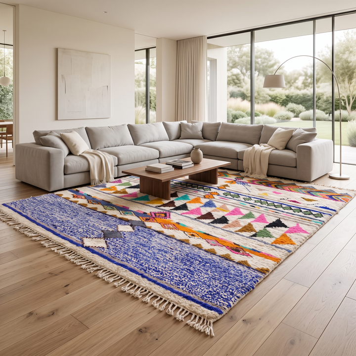 ivory and blue handmade moroccan berber rug with geometric tribal patterns in wool
