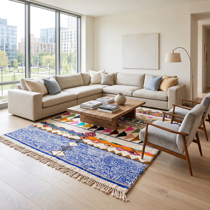 ivory and blue handmade moroccan berber rug with geometric tribal patterns in wool
