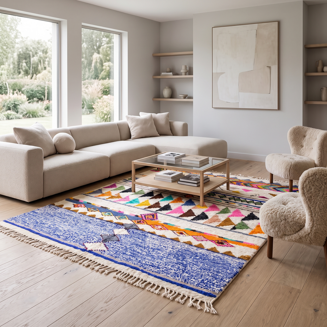 ivory and blue handmade moroccan berber rug with geometric tribal patterns in wool
