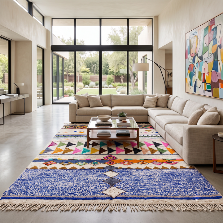 ivory and blue handmade moroccan berber rug with geometric tribal patterns in wool
