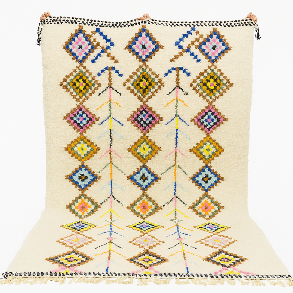 Handmade white Moroccan wool rug with colorful diamond motifs – Azilal Berber design