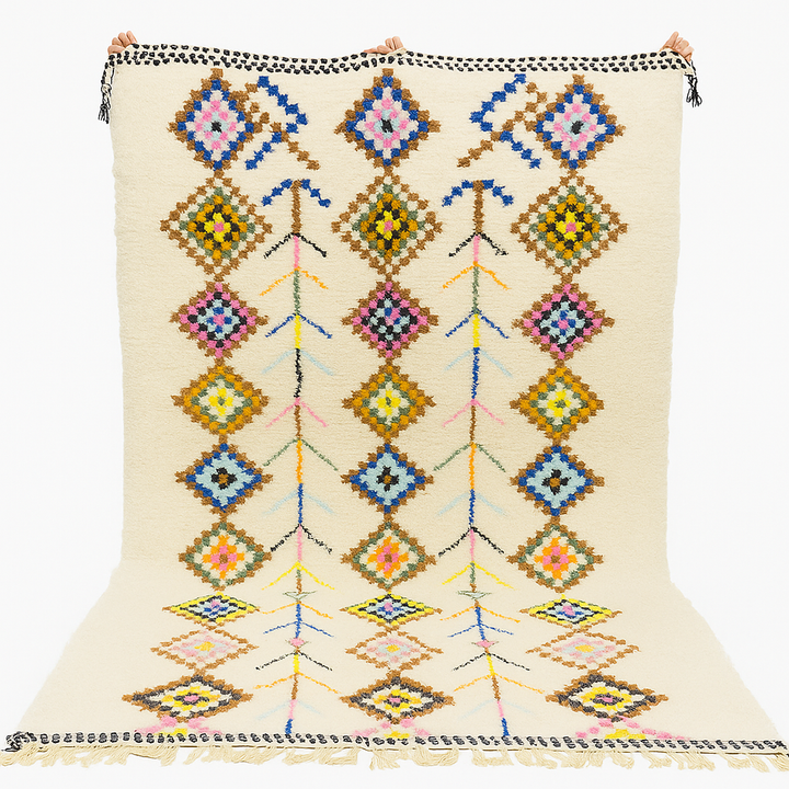 Handmade white Moroccan wool rug with colorful diamond motifs – Azilal Berber design