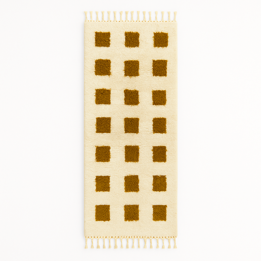 White Moroccan wool runner rug with mustard square grid pattern