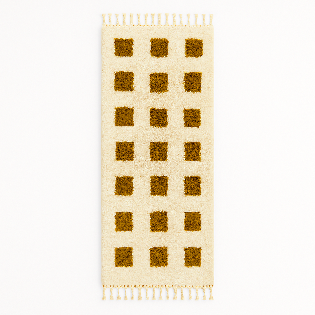 White Moroccan wool runner rug with mustard square grid pattern
