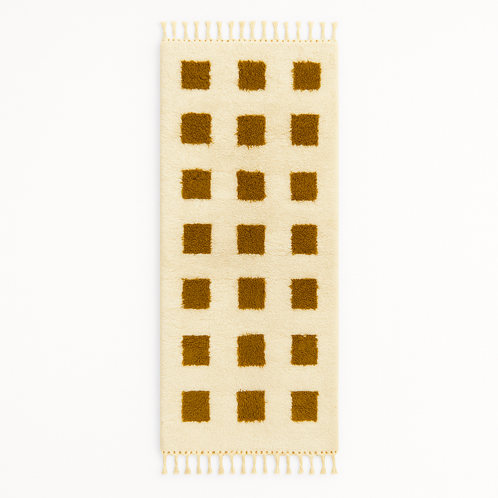 White Moroccan wool runner rug with mustard square grid pattern