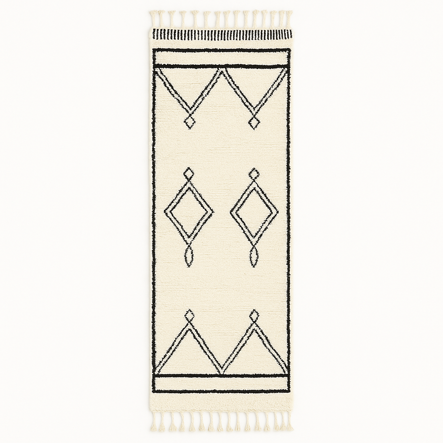 White and black handmade Moroccan wool runner rug with diamond geometric design