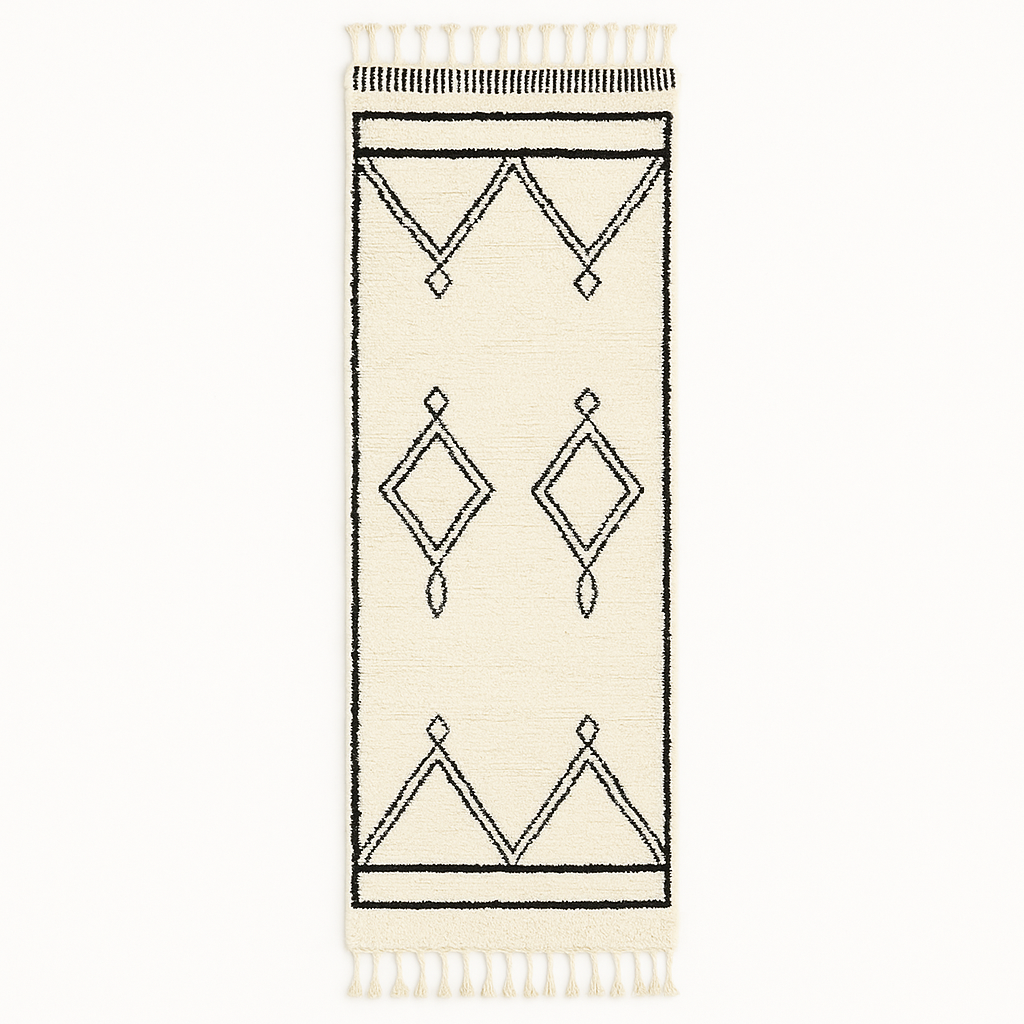 White and black handmade Moroccan wool runner rug with diamond geometric design