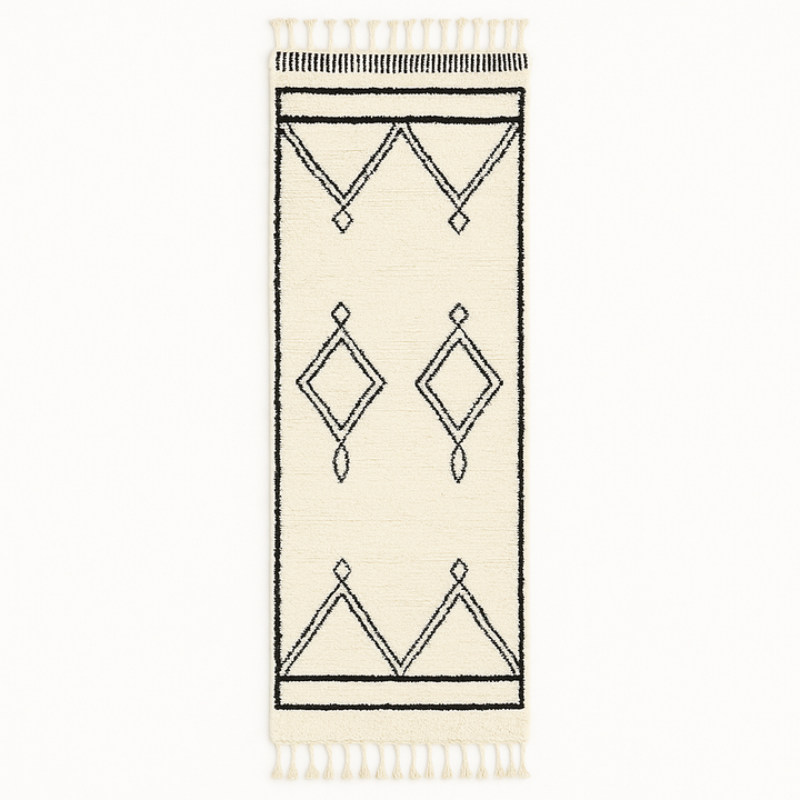 White and black handmade Moroccan wool runner rug with diamond geometric design