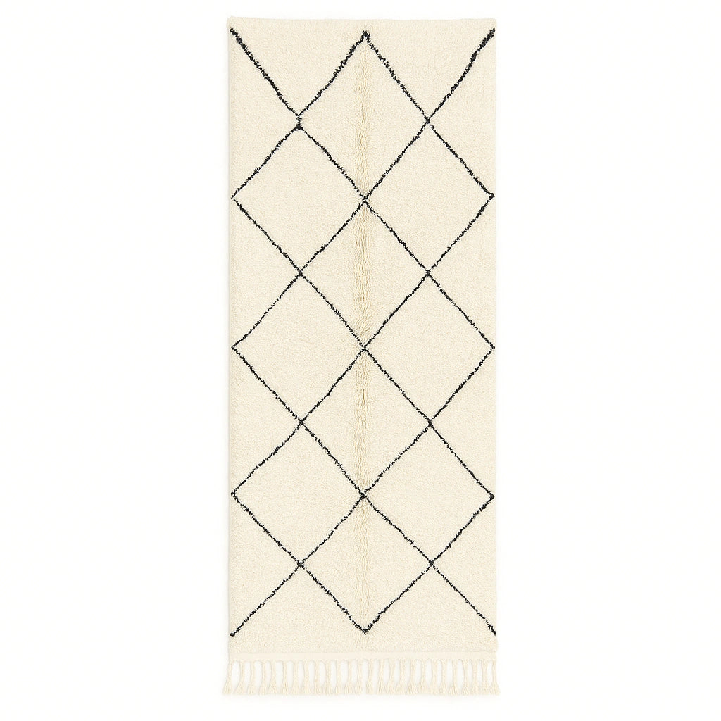 Handmade Moroccan wool runner rug in white with black diamond-line design, Beni Ourain style