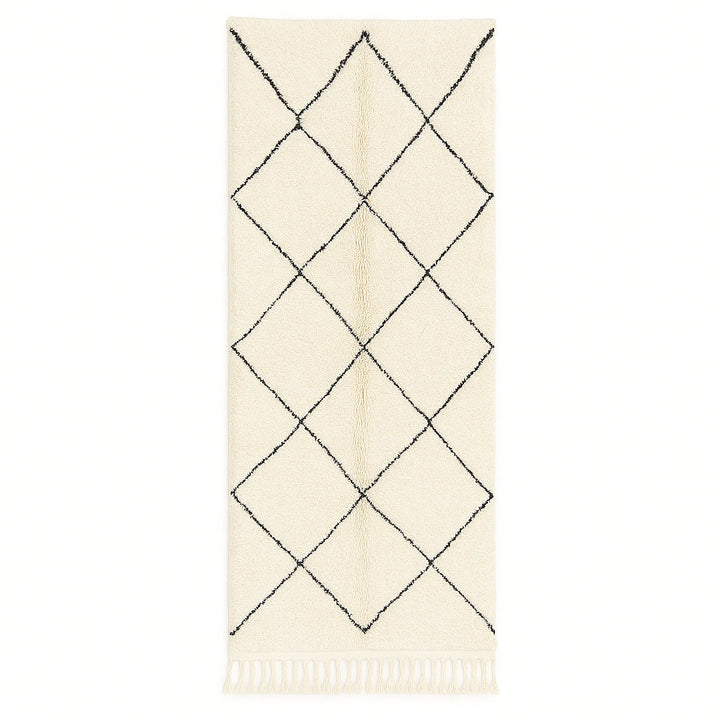 Handmade Moroccan wool runner rug in white with black diamond-line design, Beni Ourain style