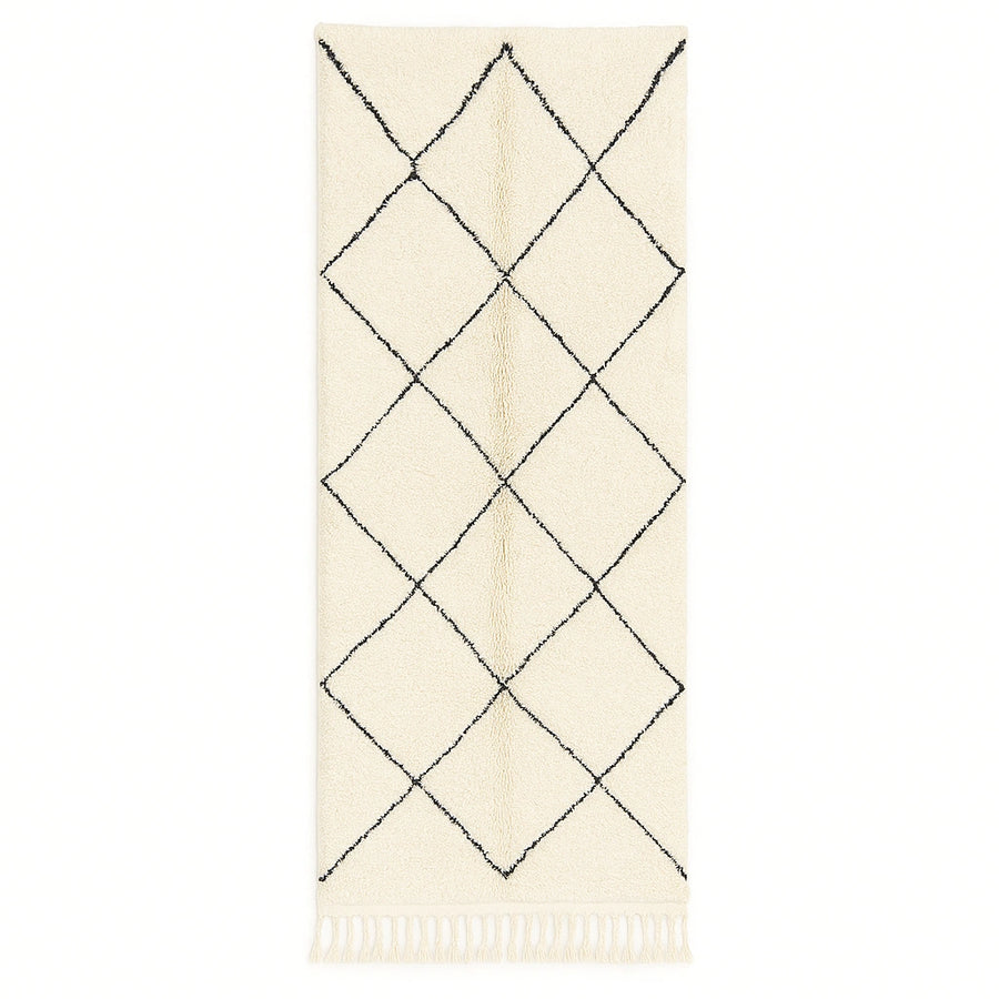 Handmade Moroccan wool runner rug in white with black diamond-line design, Beni Ourain style