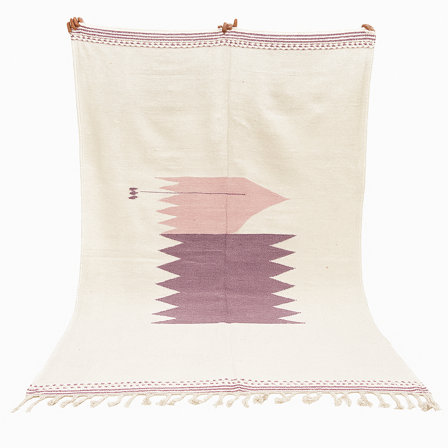Handwoven white and purple Moroccan flatweave wool rug with geometric pink and purple motifs – Berber kilim
