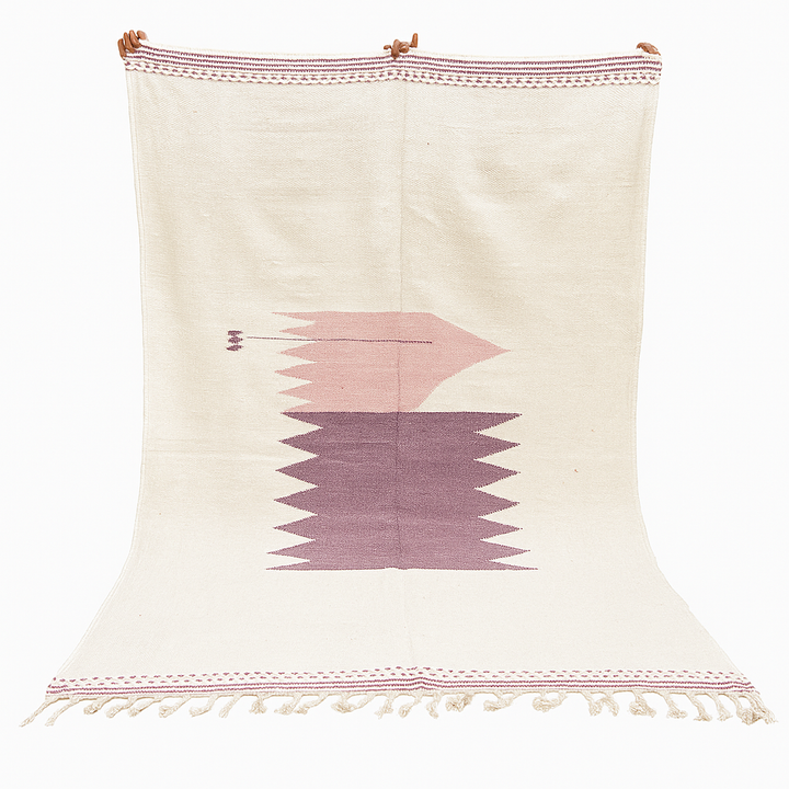 Handwoven white and purple Moroccan flatweave wool rug with geometric pink and purple motifs – Berber kilim
