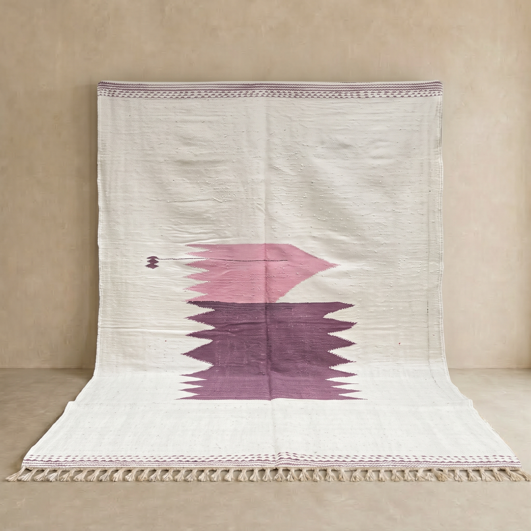 Handwoven white and purple Moroccan flatweave wool rug with geometric pink and purple motifs – Berber kilim