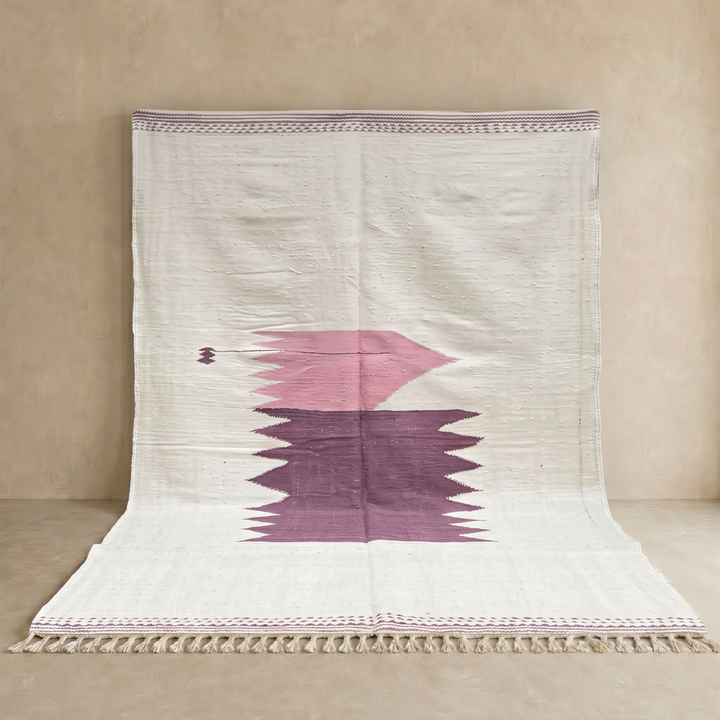 Handwoven white and purple Moroccan flatweave wool rug with geometric pink and purple motifs – Berber kilim