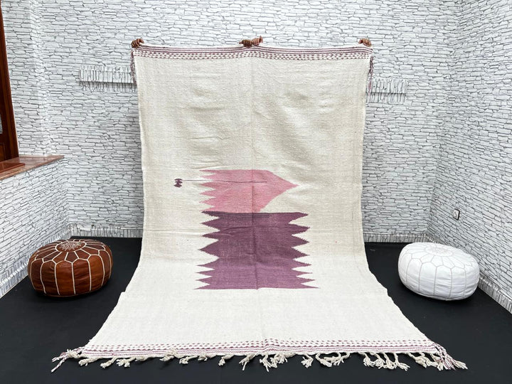 Handwoven white and purple Moroccan flatweave wool rug with geometric pink and purple motifs – Berber kilim