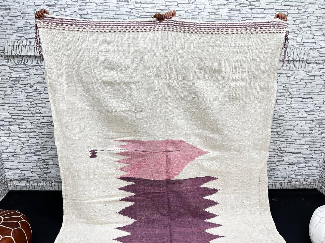 Handwoven white and purple Moroccan flatweave wool rug with geometric pink and purple motifs – Berber kilim