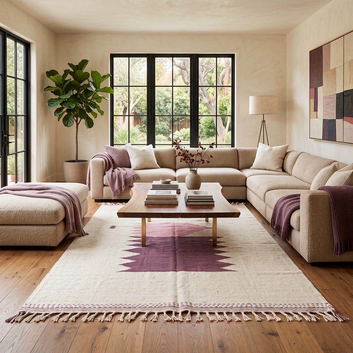 Handwoven white and purple Moroccan flatweave wool rug with geometric pink and purple motifs – Berber kilim