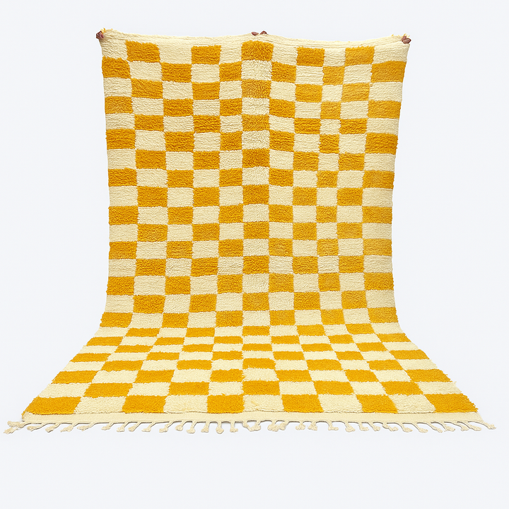 Handwoven Moroccan wool rug with yellow and cream checkered pattern
