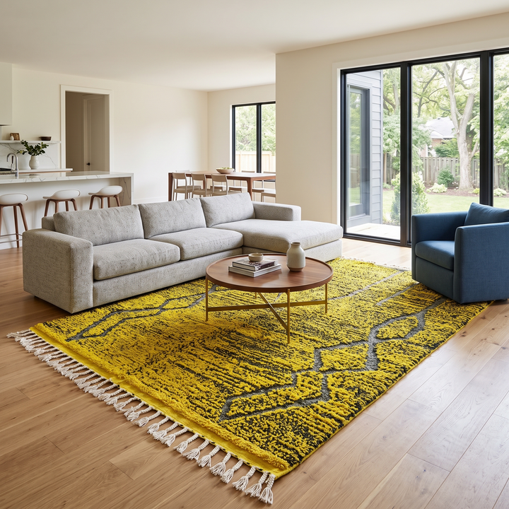 Handmade yellow-green Moroccan wool rug with gray geometric diamond lines – Beni Mrirt design