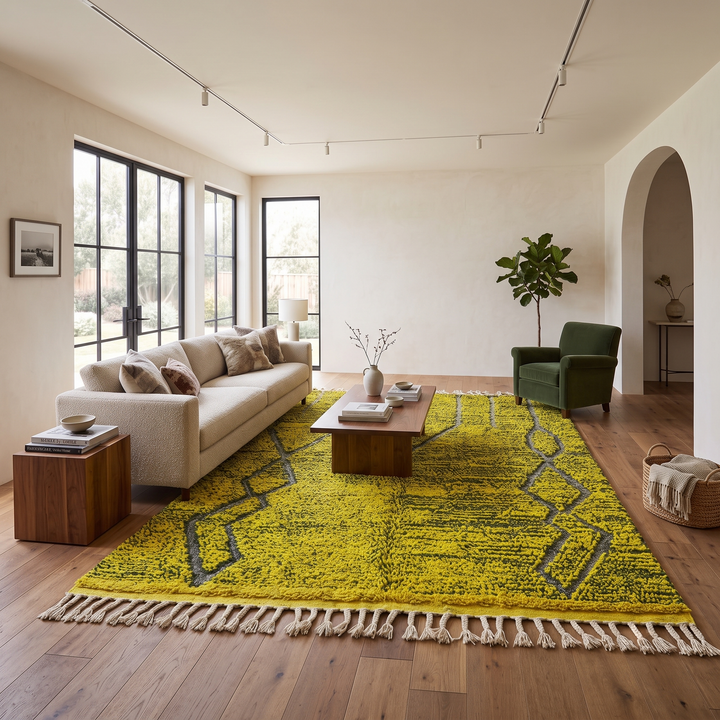 Handmade yellow-green Moroccan wool rug with gray geometric diamond lines – Beni Mrirt design