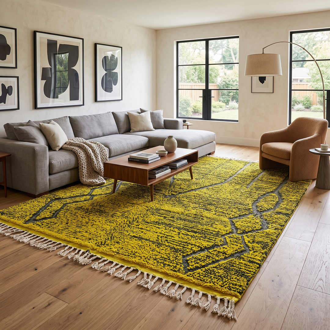 Handmade yellow-green Moroccan wool rug with gray geometric diamond lines – Beni Mrirt design