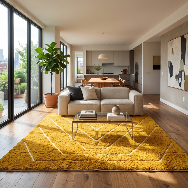Handmade mustard yellow Moroccan wool rug with ivory geometric lines, plush texture and white tassel fringe.
