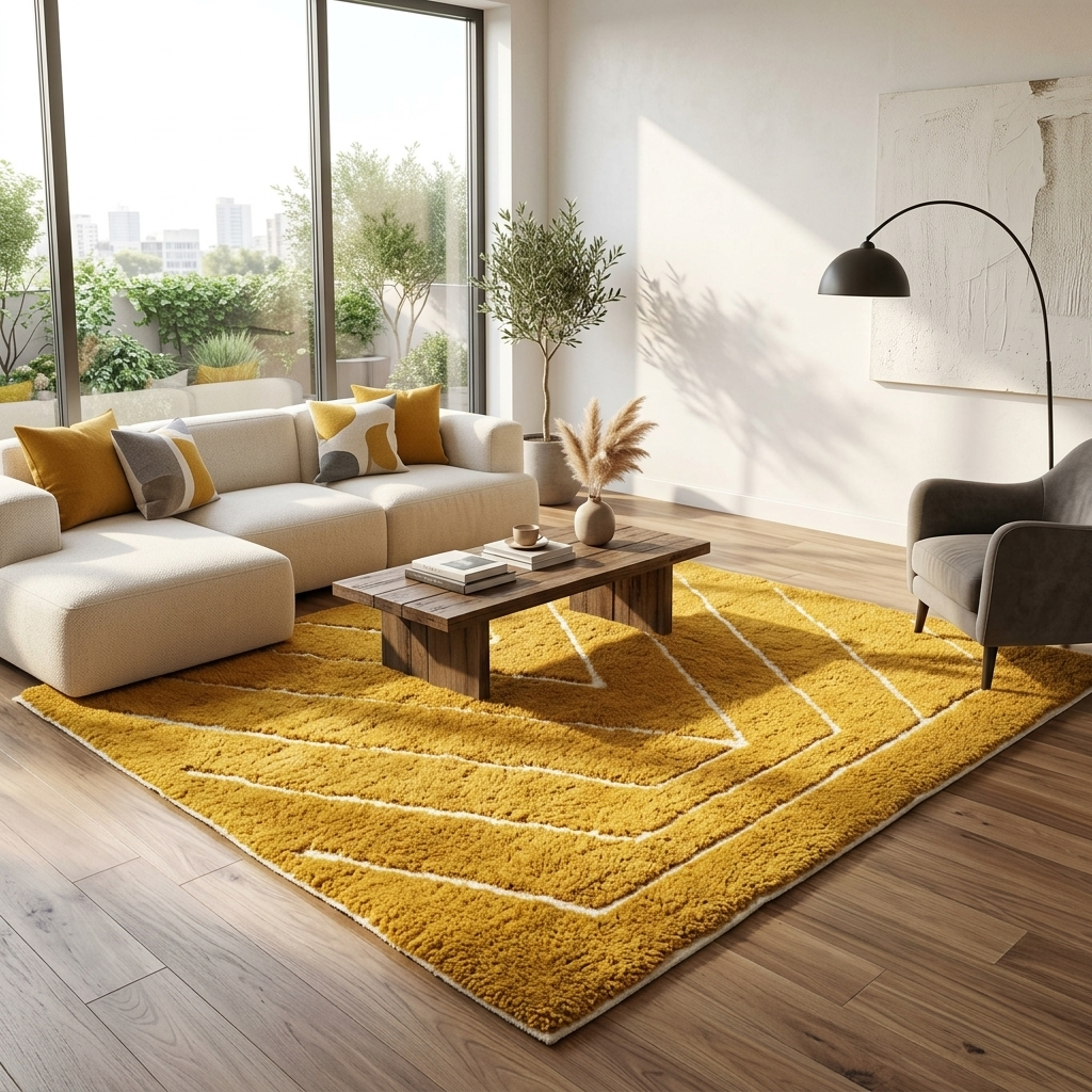Handmade mustard yellow Moroccan wool rug with ivory geometric lines, plush texture and white tassel fringe.