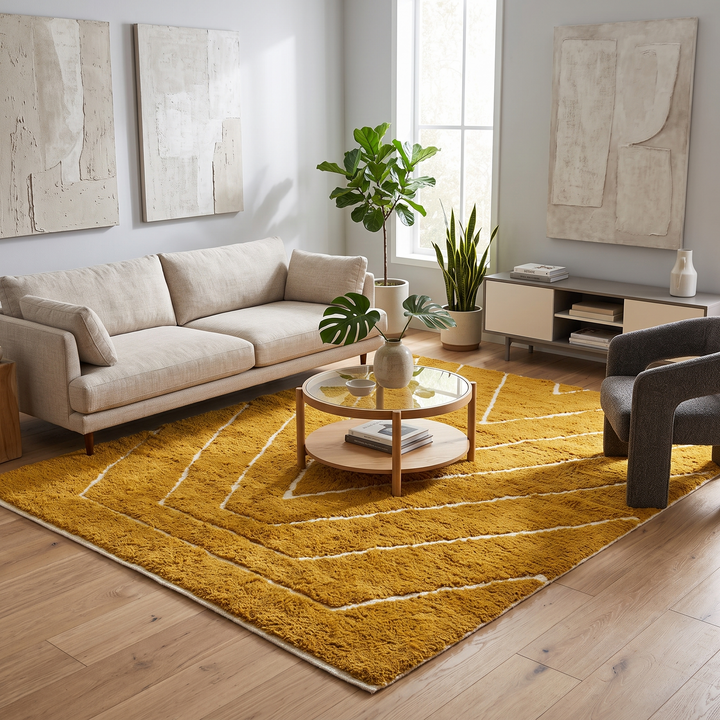 Handmade mustard yellow Moroccan wool rug with ivory geometric lines, plush texture and white tassel fringe.