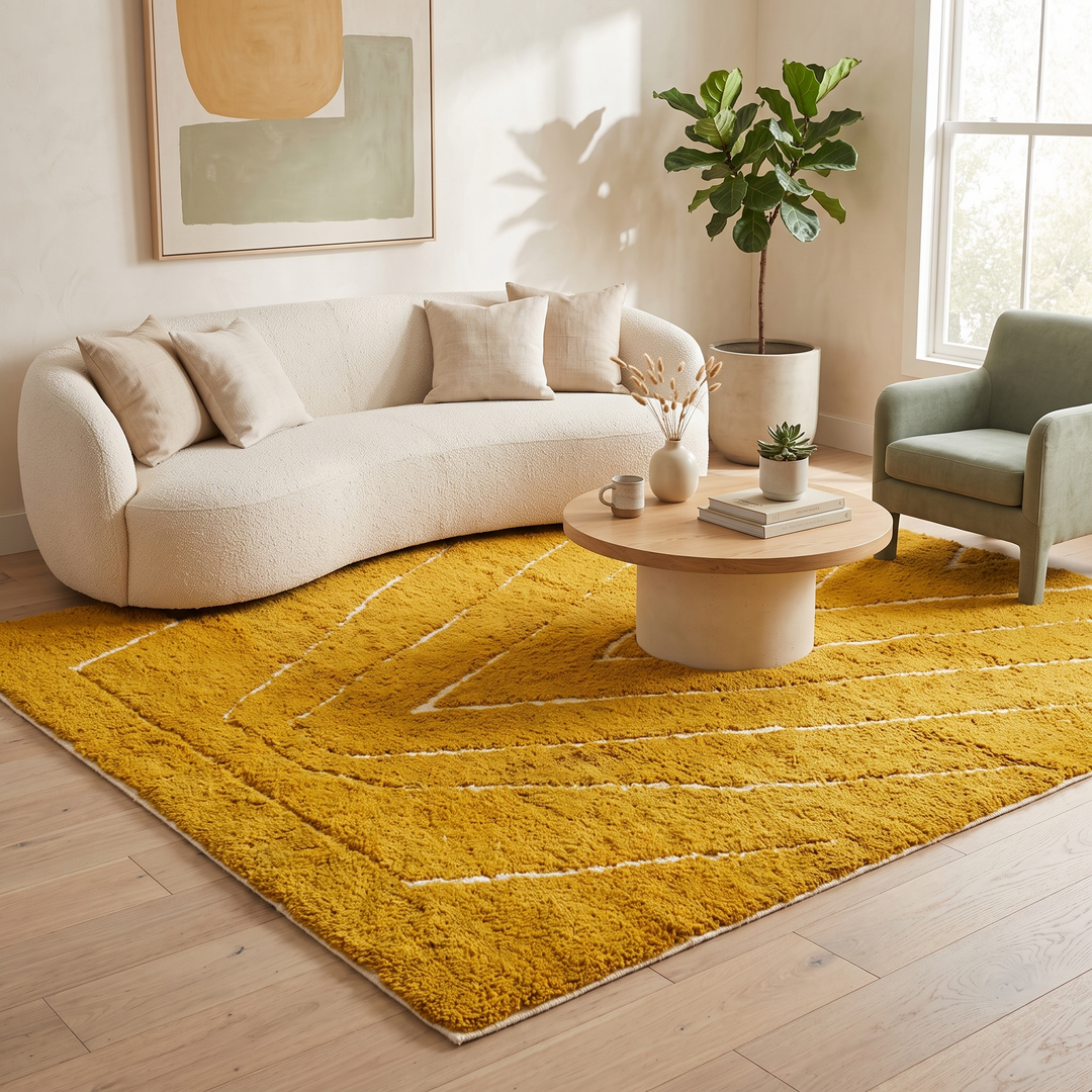 Handmade mustard yellow Moroccan wool rug with ivory geometric lines, plush texture and white tassel fringe.