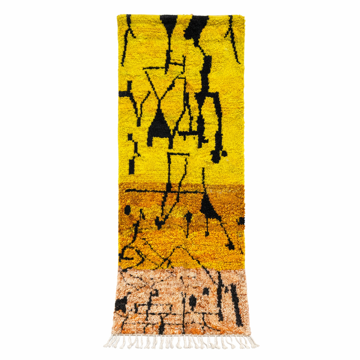 Handwoven yellow Moroccan wool runner rug with black abstract line pattern