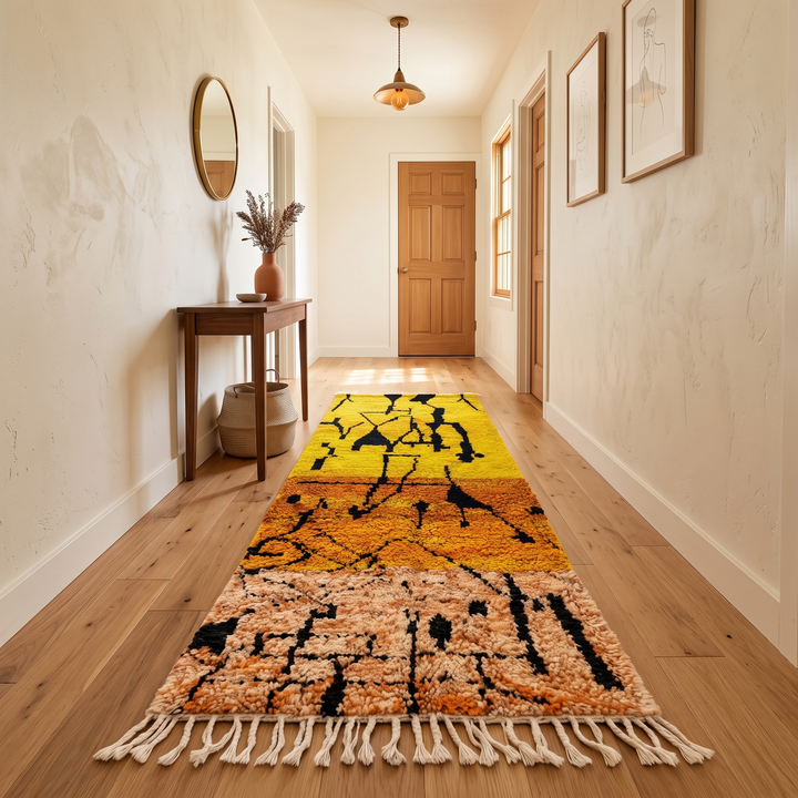 Handwoven yellow Moroccan wool runner rug with black abstract line pattern