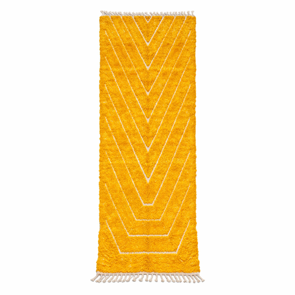Abstract Moroccan runner rug handwoven in saffron gold wool with carved white chevron lines