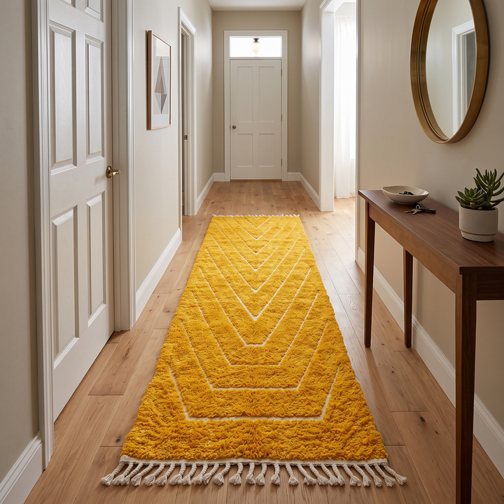 Abstract Moroccan runner rug handwoven in saffron gold wool with carved white chevron lines
