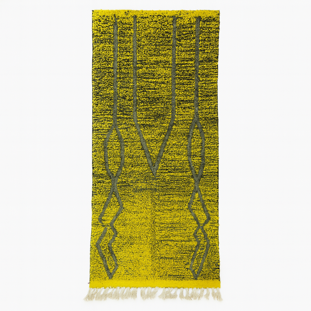 Handmade Moroccan runner rug with vibrant yellow background and green tribal line patterns, Berber style wool hallway rug