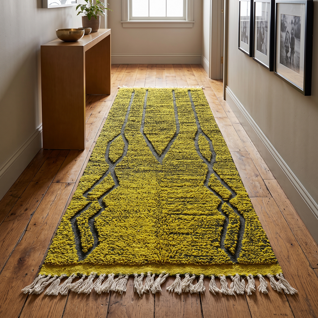 Handmade Moroccan runner rug with vibrant yellow background and green tribal line patterns, Berber style wool hallway rug