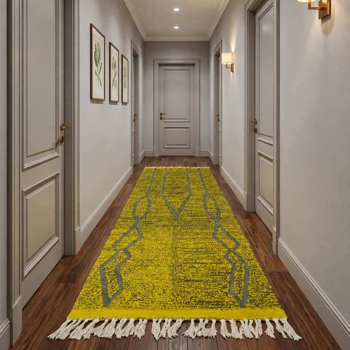 Yellow Moroccan Runner Rug – Tribal Green Line Design