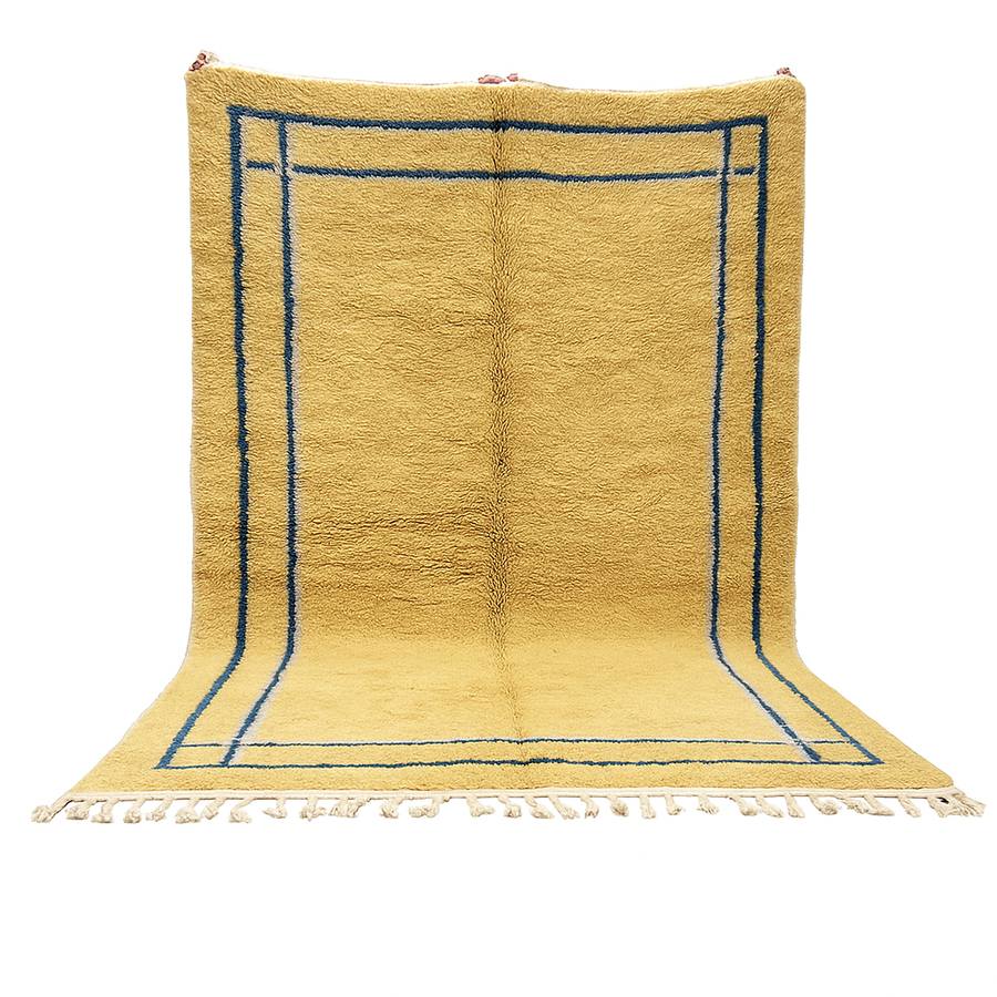 Handmade yellow Moroccan wool rug with blue border, soft plush Beni Mrirt design