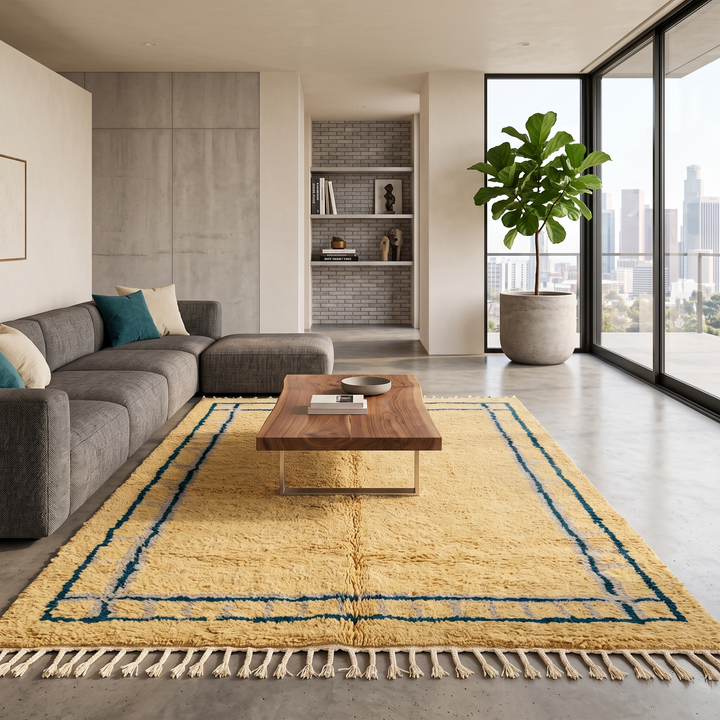 Handmade yellow Moroccan wool rug with blue border, soft plush Beni Mrirt design
