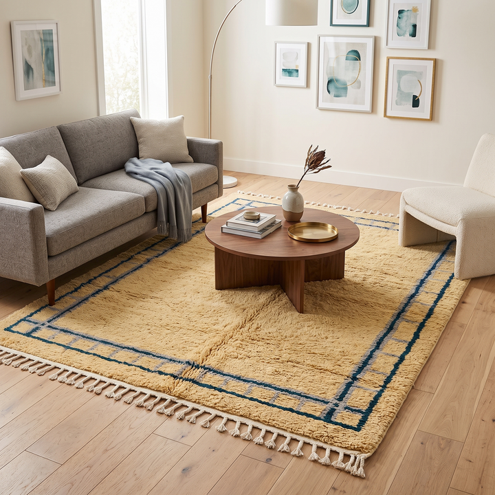 Handmade yellow Moroccan wool rug with blue border, soft plush Beni Mrirt design
